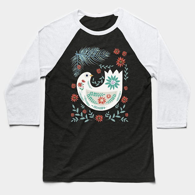 Folk Art Christmas Dove Baseball T-Shirt by SWON Design